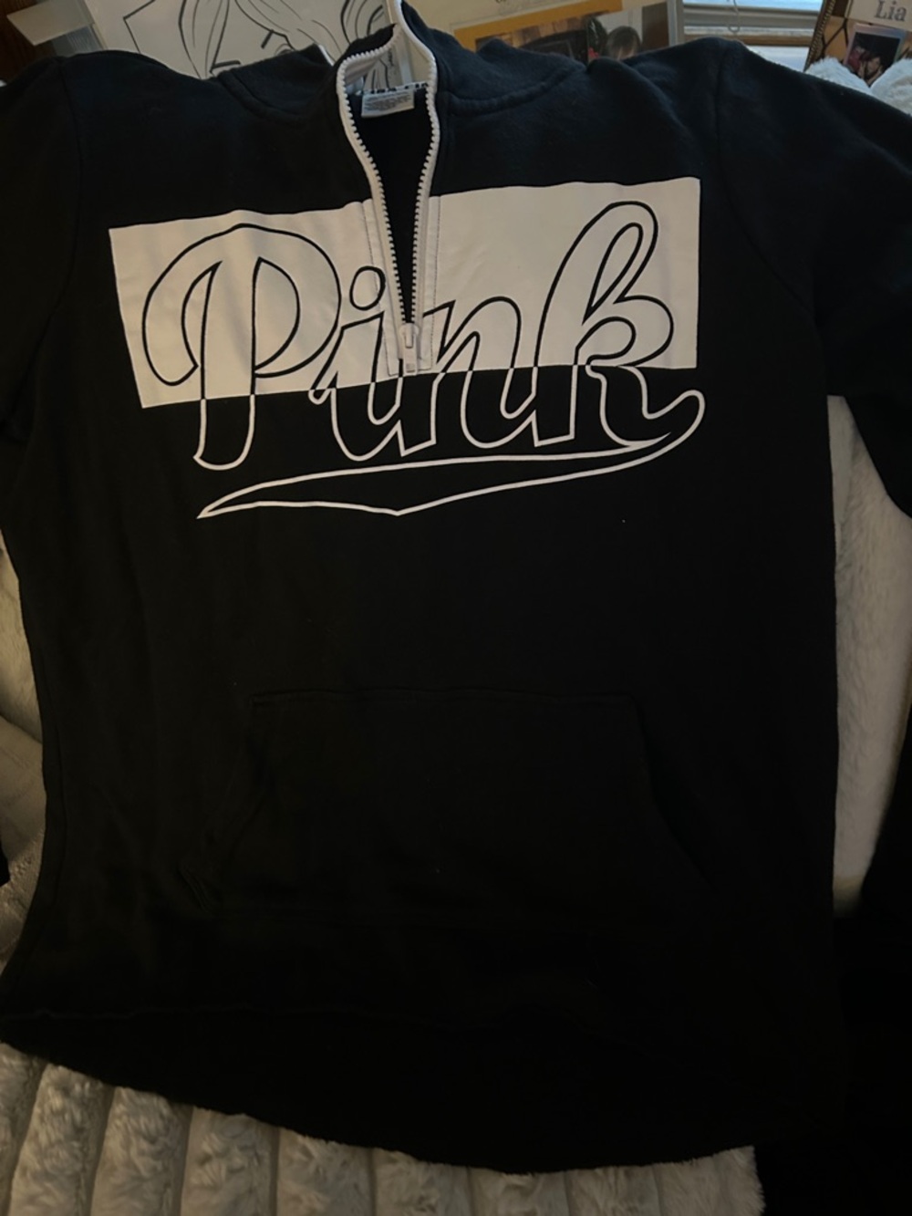 PINK Half-Zip Pullover Sweatshirt - Black & White with front kangaroo pockets - Picture 4 of 4